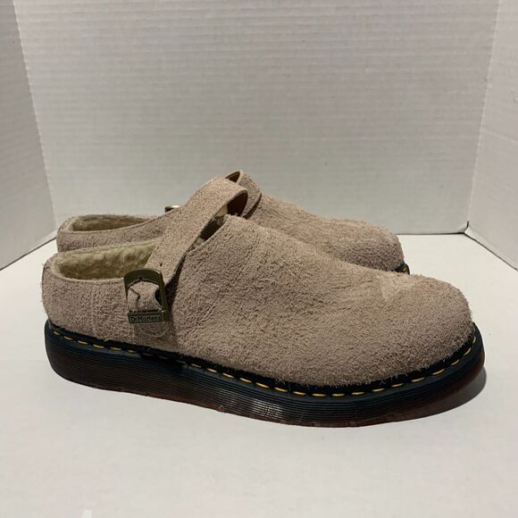 Dr Martens Isham Men\'s Sz 13 Taupe Long Napped Suede Buckle Fur Lined Clog main image 6